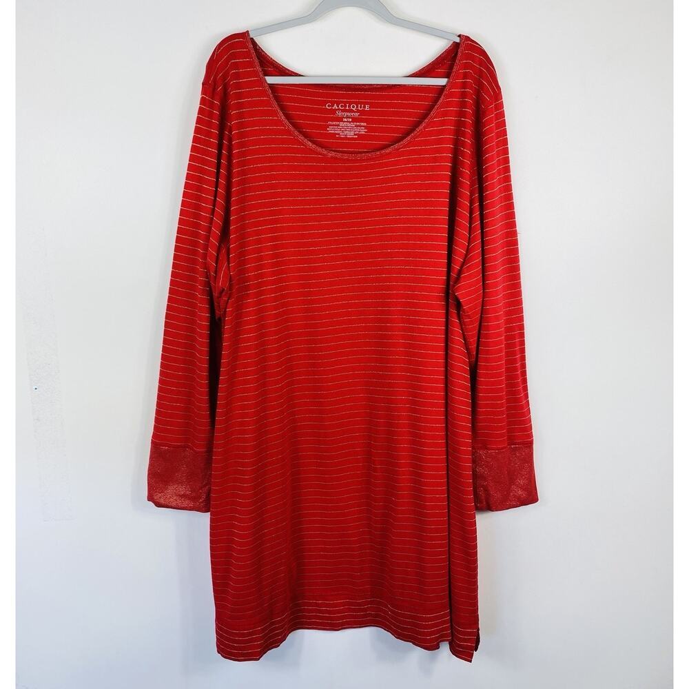 Cacique Lane Bryant Sleep Shirt 26 28 Red Striped Long Sleeve Dress Gown
